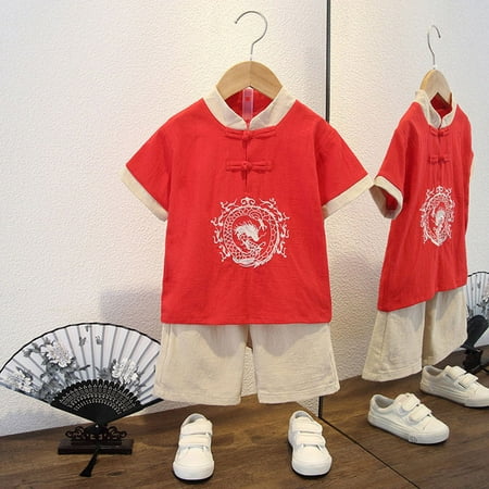 Hpapadks Baby Girl Outfits Chinese Tang Style Embroidered New Year s Short Sleeve Tops Shorts Set Newborn Boy Clothes Red 6-7 Years