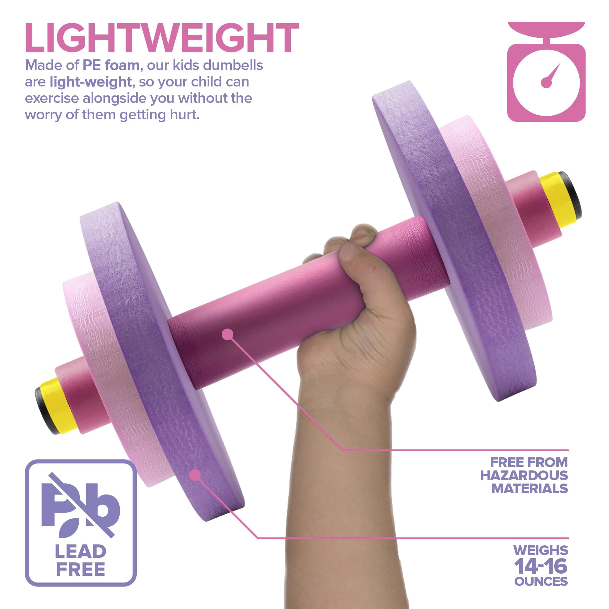 Modern Innovations Kids Weight Set (2 Pack) Toy Dumbbells, Baby Dumbbell Workout Weights, Fun Fitness and Exercise Equipment for Toddlers (Pink & Purple)