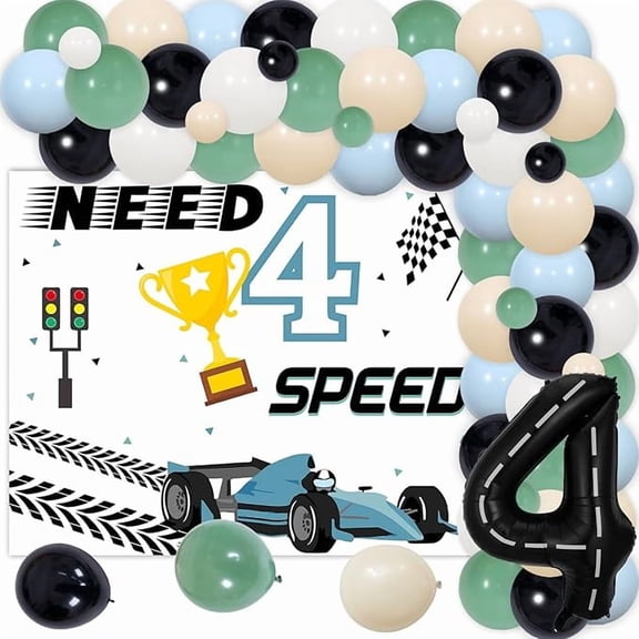 Need Four Speed Birthday Decoration for Boys, Racing Car 4th Birthday, Green Black Balloons Arch Garland Kit with Need 4 Speed Backdrop for Race Car 4 Year Old Party Supplies
