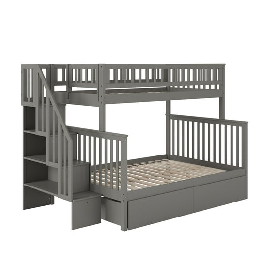 Woodland Staircase Bunk Bed Twin over Full with 2 Urban Bed Drawers in Grey