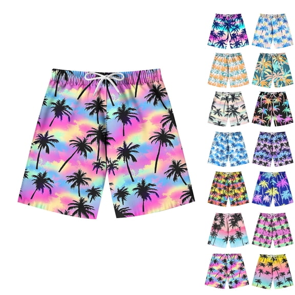 SROBPTY Boys and Girls 7-14 Years Hawaiian Print Beach Shorts Purple, 7-8 Years