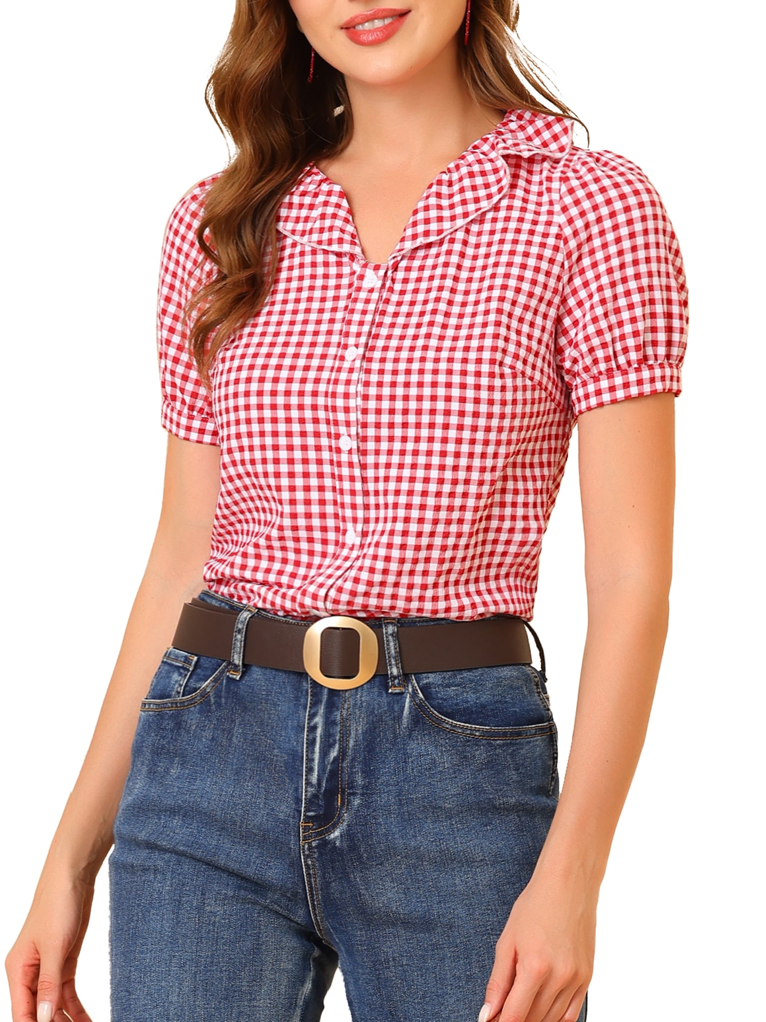 Unique Bargains Women's Puff Short Sleeve Peter Pan Collar Ruffle Plaid Shirt Top XS Red