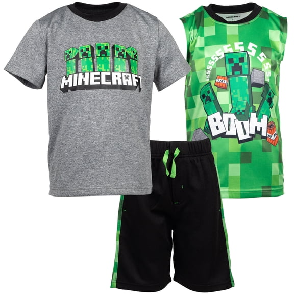 Minecraft Creeper Little Boys T-Shirt Tank Top and Mesh Shorts 3 Piece Outfit Set Little Kid to Big Kid
