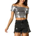thumbnail image 2 of INSPIRE CHIC Women's Metallic Shiny Party Off Shoulder Crop Top, 2 of 7