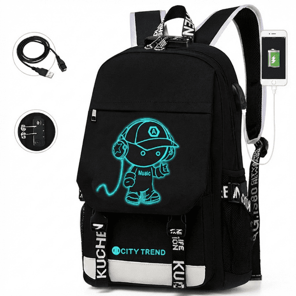 Luminous Schoolbags Backpacks,16" Laptop Backpack with USB Charge Port,Student Bookbags for College Women Men,Black