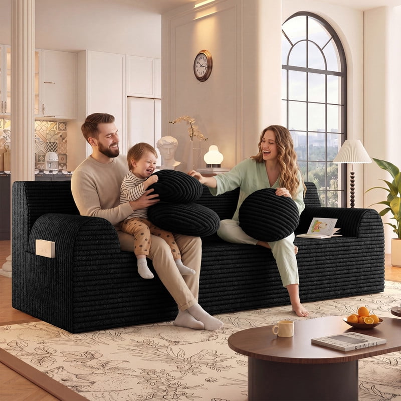 PORKISS 71 Inch Black Corduroy Couch, Boneless Cloud Couch, No Assembly Floor Sofa with 3 Round Pillows, Comfy 3 Seater Sofa Couch for Living Room, Apartment, Bedroom, Small Space