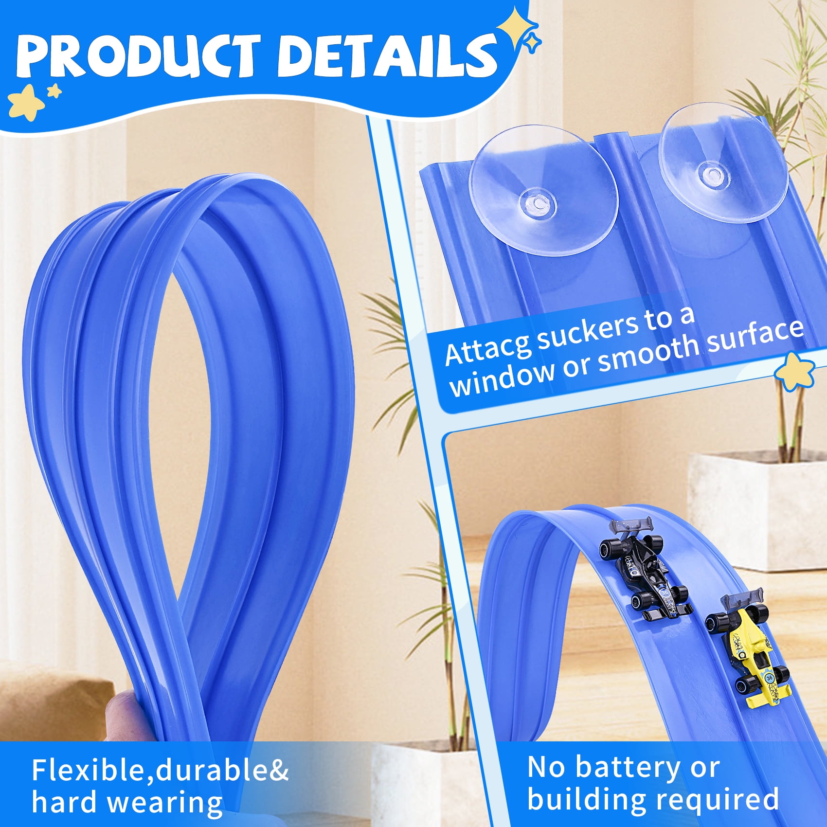 Flex Track 15 Ft Starter Set, Flexible Race Car Ramp Track for Ages 3 & Up with Suction Cups Compatible with Hot Wheels and Diecast 1/64th Cars