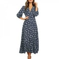 thumbnail image 1 of Femmes d'Été Bohème Imprimé de Fleurs Longue Robe Trois Quarts Lanterne Manches Vacances Partie Plage Longue Robe Décontractée Bleu XL, 1 of 5