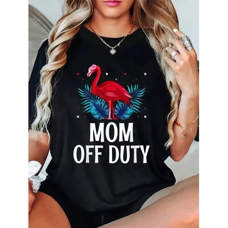 Women's Mom Off Duty Tropical Flamingo Graphic T-Shirt - Retro Summer Vacation Short Sleeve Tee - Funny Mother's Day Apparel
