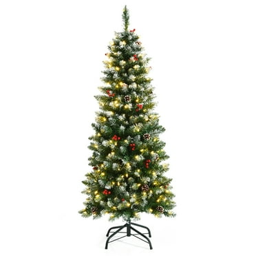 Gymax 5 FT Pre-lit Hinged Christmas Tree Artificial Pencil Xmas Tree w/ LED Lights