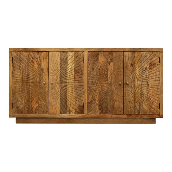 Pemberly Row 4 Hand Carved Doors Mid-Century Solid Wood Sideboard in Natural