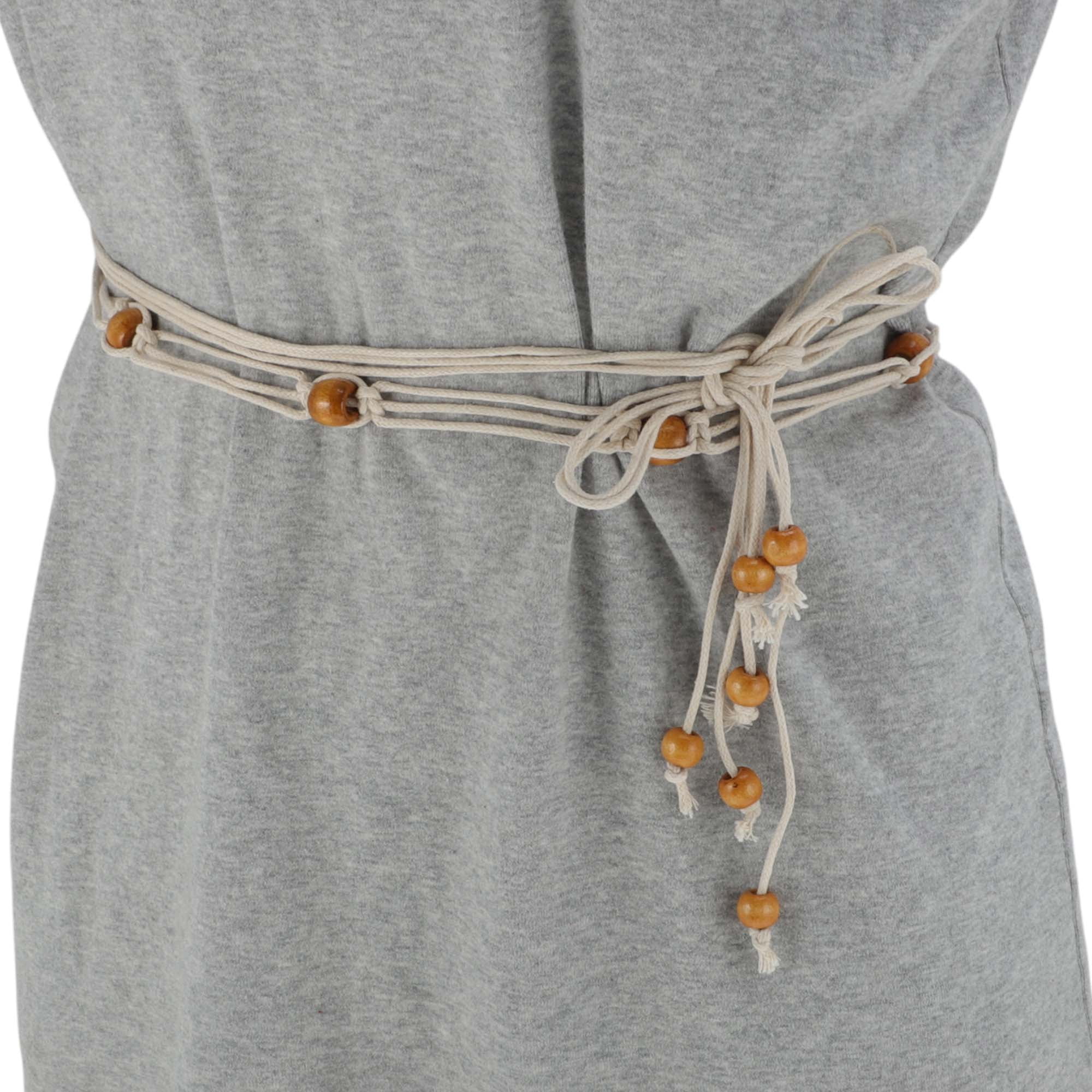 Unique Bargains Retro Bohemian Adjustable Tie Belt with Bead Accents 1 Pc Beige