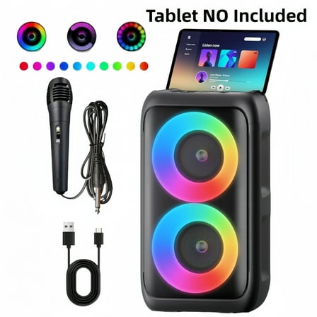 Rechargeable Bluetooth Karaoke Speaker (Lights) - Loud DJ/PA System, TWS, TF/AUX for Outdoor/Home & All Ages