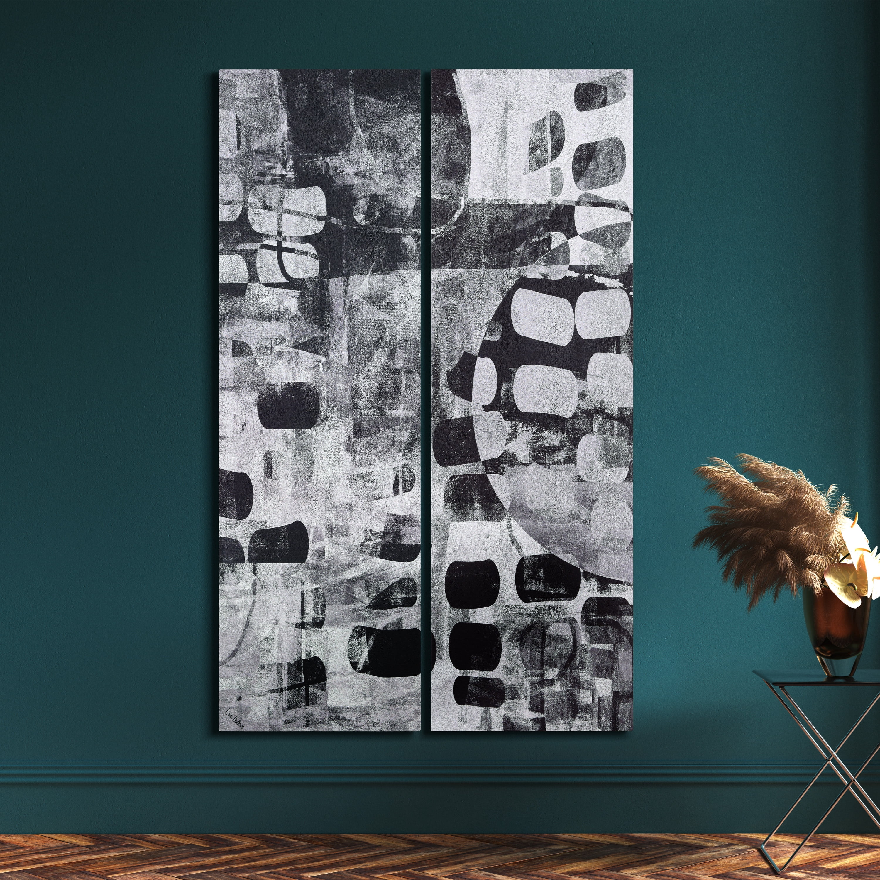 "Monochrome Abstract I & II", Black&White Artwork on Silver Shagreen Wrapped Canvas Wall Art Set, sized 72"x22"