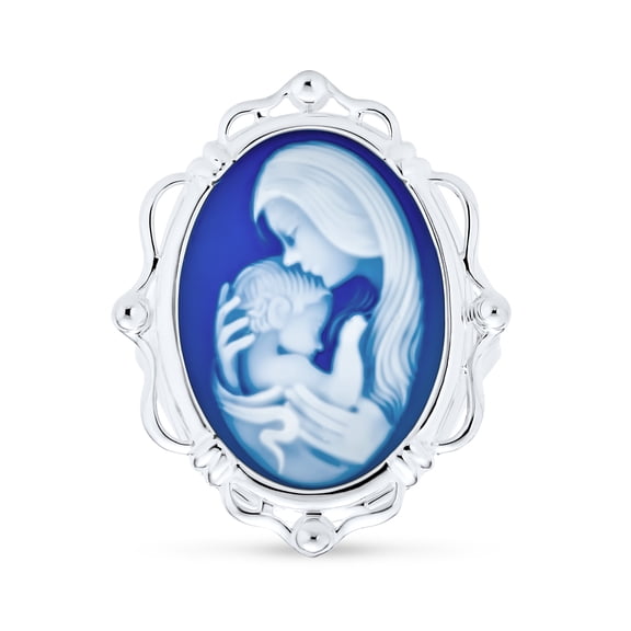 Blue Mother Loving Child Oval Cameo Pendant Sterling Silver Necklace