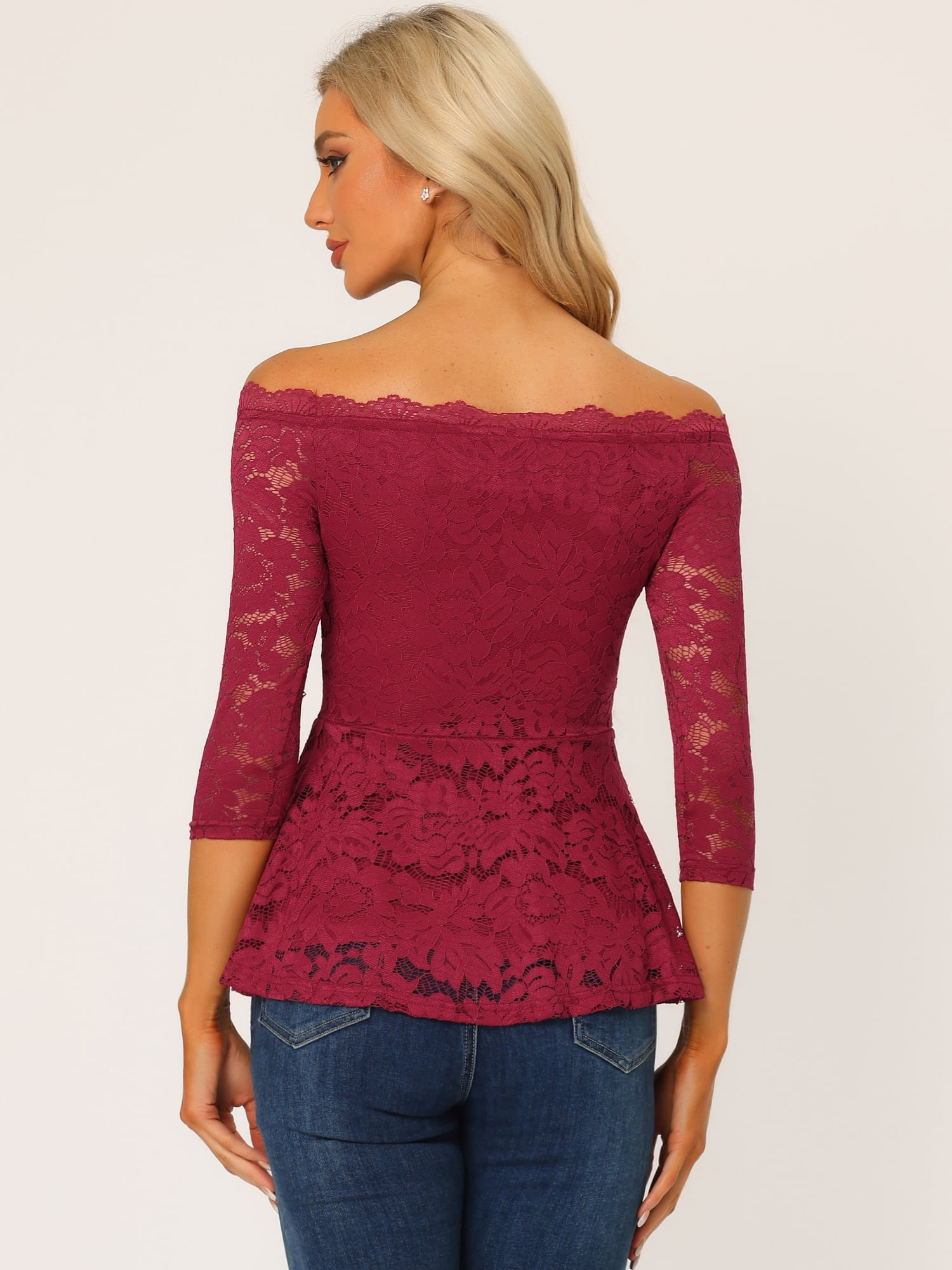 DARING DIVA Lace Off the Shoulder Sheer Peplum Blouse Top M Burgundy