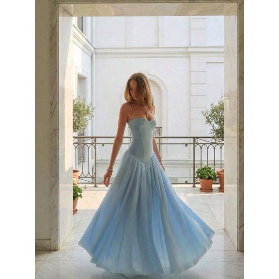 Elegant Blue A-Line Ball Gown Dress With Spaghetti Straps And Pleated Skirt