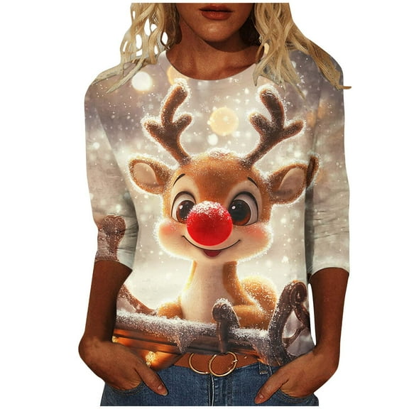 Christmas Tops for Women 3/4 Sleeve Fall Round Neck Tees with Reindeer Tops Tshirts Fall Fashion Must Haves My Items