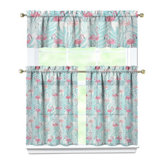 Kitchen Curtains 36 Inch Short - 3 Panel Set, Flamingo Tropical Bird Print, Rod Pocket Window Curtain, 100% Polyester for Hawaiian Summer Beach Decor, Easy Wash