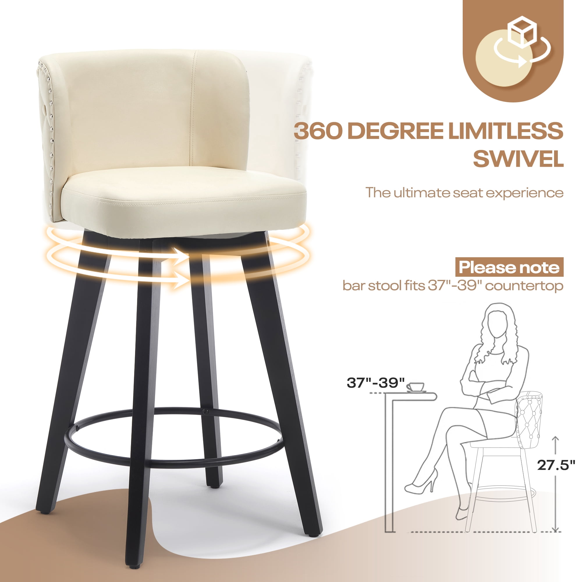 TEWLOSS Counter Height Bar Stools Set of 3, 27.5in Swivel PU Leather Bar Chairs with Curved Back for Kitchen Island, Beige