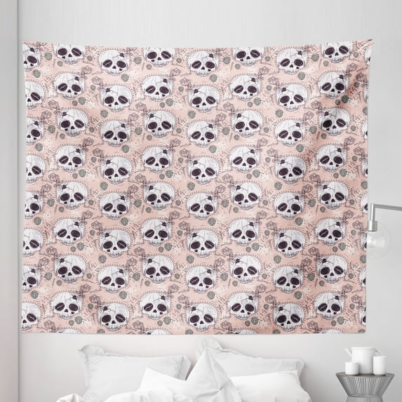 Skull Tapestry, Halloween Traditional Mexican Sugar Day of the Dead Roses Horror Folk Pattern, Fabric Wall Hanging Decor for Bedroom Living Room Dorm, 5 Sizes, White Blush Black, by Ambesonne
