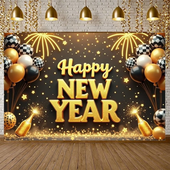 Gold Theme Happy New Year Banner Black White Checkered New Year Banner Balloon Decoration Firework Design Celebration Banner for New Year Party Home Decoration Indoor Celebration