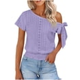 thumbnail image 2 of RRMuAzgs Crochet Knit Top for Women Ruffle Solid Color Off the Shoulder Blouses Summer Beach Vacation Clothes, 2 of 9