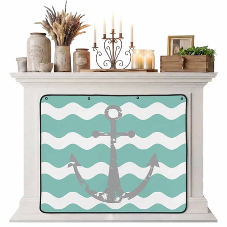 Magnetic Fireplace Cover Nautical Anchor Fireplace Screen Green and White Wave Stripes Insulation Fireplace Blocker Blanket Save Energy Fireplace Draft Stopper Covers for Living Room 36x30