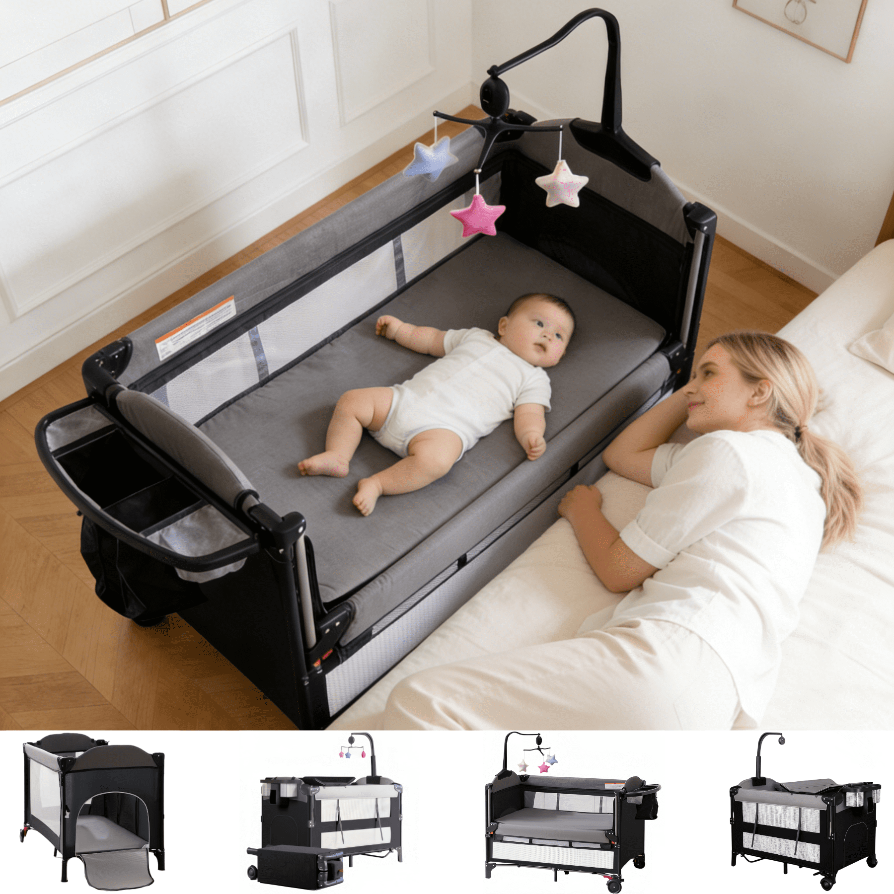 Star_Byul Baby Play Yard Foldable Nursery Center with Changing Table Bedside Sleeper for Newborn to Toddler, Unisex, Grey
