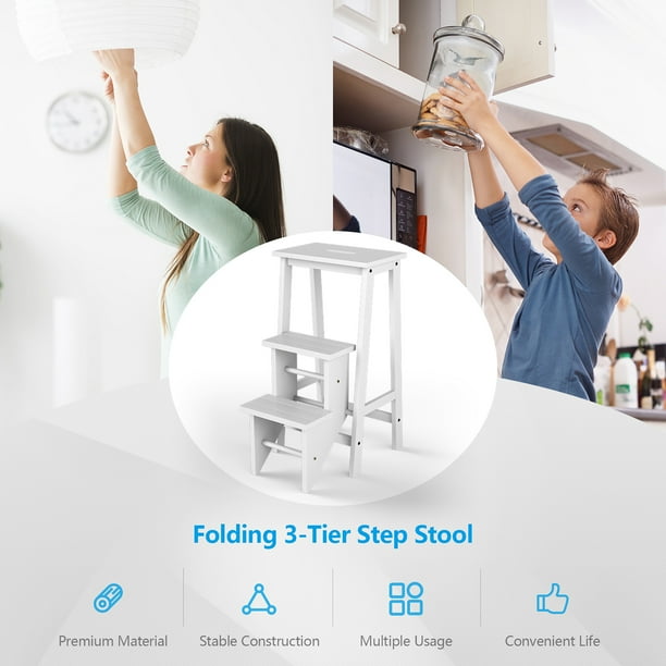 Costway 3 Tier Step Stool 3 in 1 Folding Ladder Bench Storage Shelf White