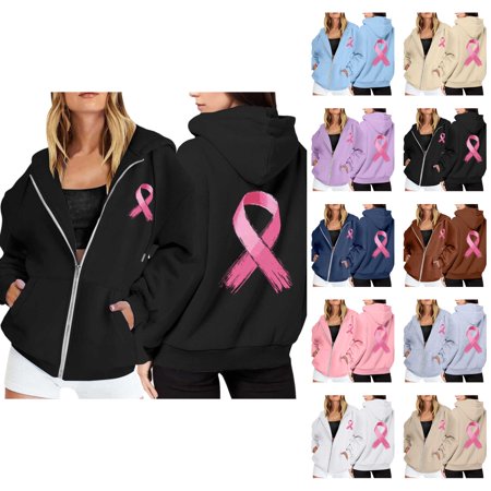 Hoodie Women Oversized Zip Up Womens Sweatshirt Lightweight Casual Women s Pullover Cancer Awareness Month Long Sleeve Pocket Drawstring For Everyday Wear