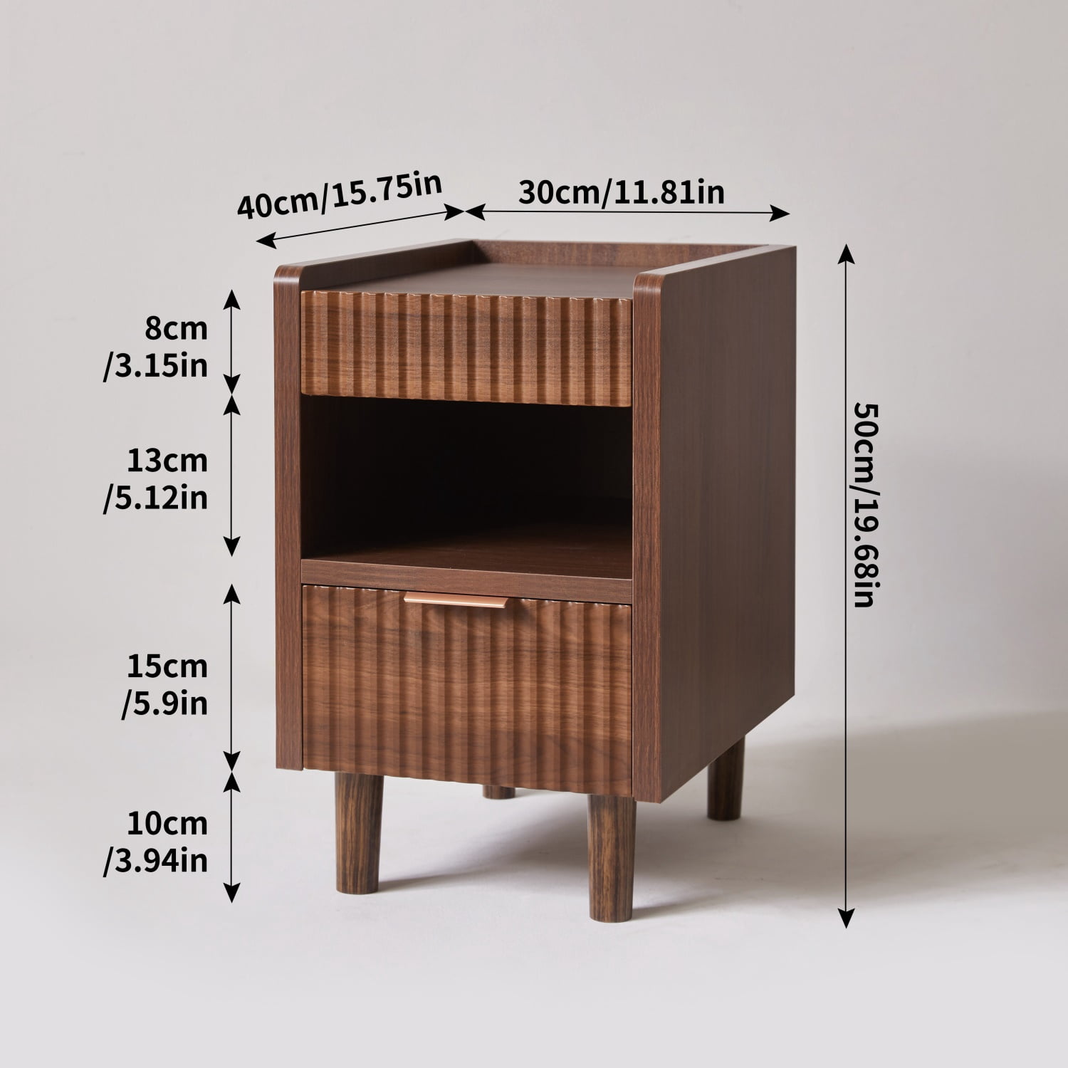 Hommoo 2-Pack Modern Fluted Nightstands with Drawer & Open Cubby, MDF Bedside Tables for Small Bedrooms, Dorms & Living Rooms, Walnut
