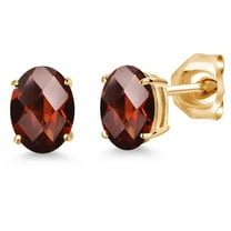 Gem Stone King 14K Yellow Gold Red Garnet Double Notch Stud Earrings | 2.00 Cttw | Gemstone January Birthstone | Oval Checkerboard 7X5MM | Gold Earrings for Women Men