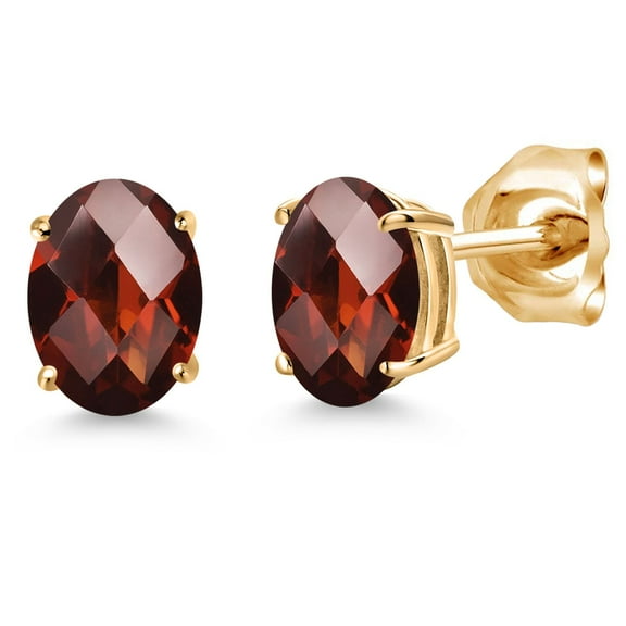 Gem Stone King 14K Yellow Gold Red Garnet Double Notch Stud Earrings | 2.00 Cttw | Gemstone January Birthstone | Oval Checkerboard 7X5MM | Gold Earrings for Women Men