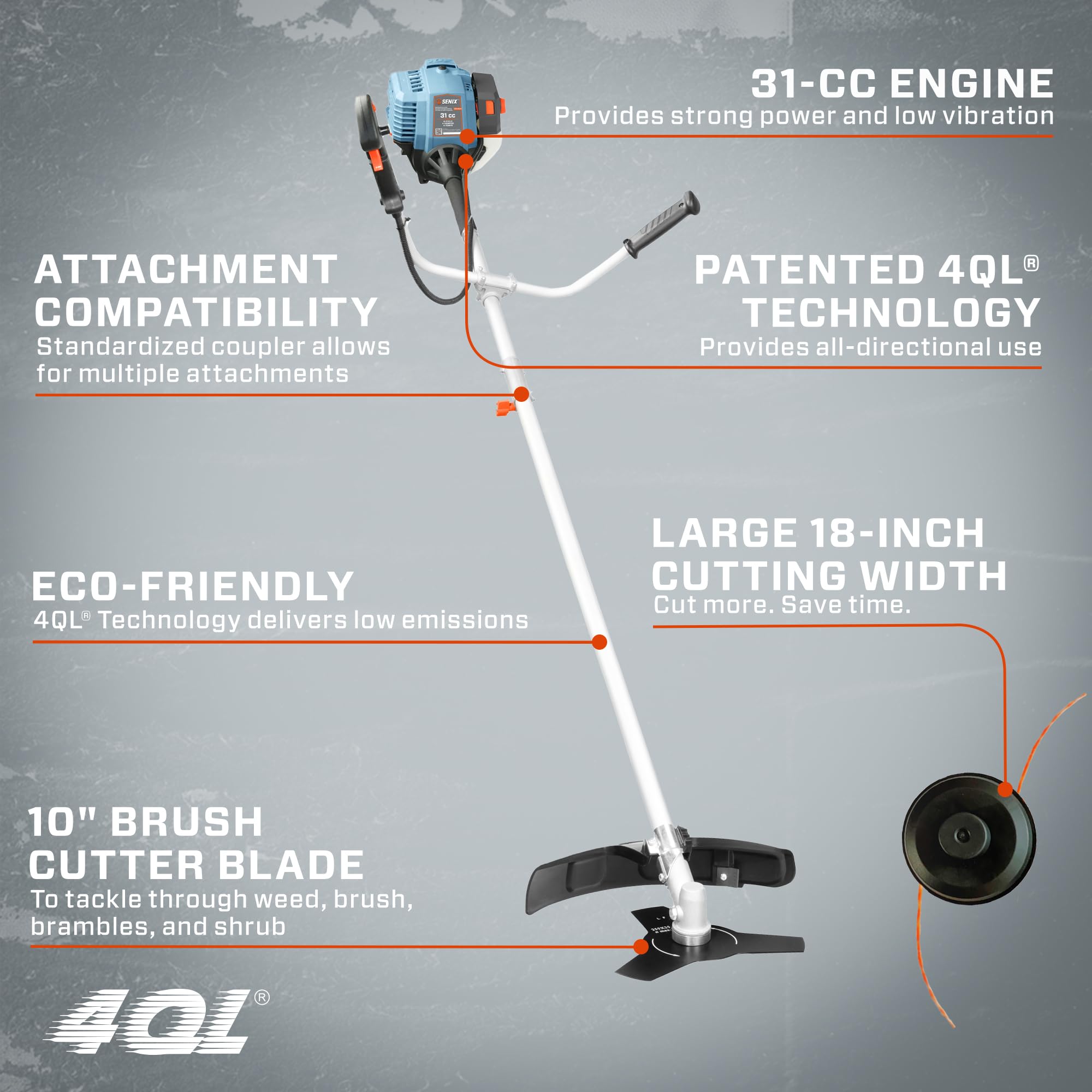 SENIX 4-Cycle 31cc Gas Brush Cutter,String Trimmer,Edger Lawn ,17.7" Cutting Width, Straight Shaft, Front D-Handle, Bump Feed, for Lawn & Grass