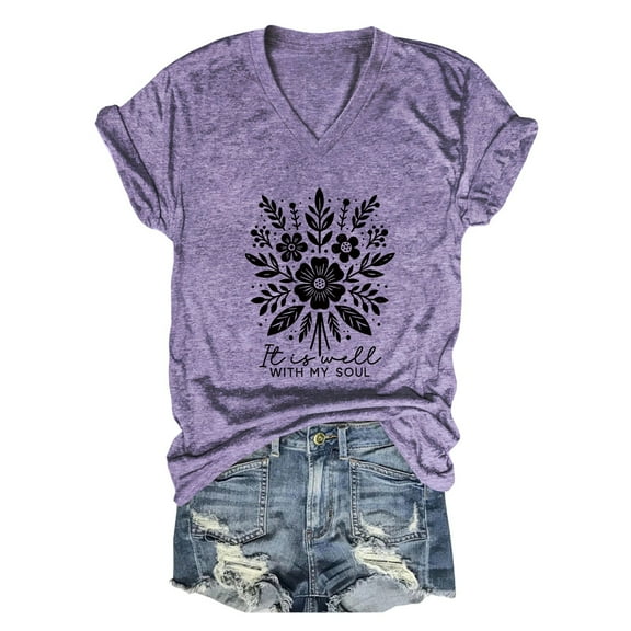 Puliio Women's T-Shirs V-Neck Flower Printed Casual Comfortable T Shirt Summer Daily Wear Vacation Vintage Chic Tops