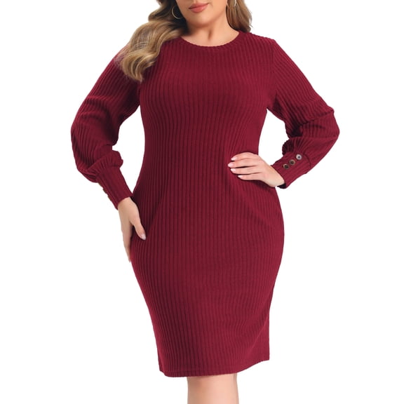 GRACE & GRANDEUR Women's Plus Size Halloween Outfits Sweater Dress Ribbed Knit Crew Neck Lantern Sleeve Buttons Decor Slim Fitted Midi Fall Winter Bodycon Dresses 1X Dark Red
