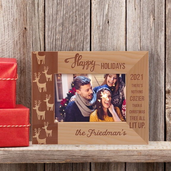 Happy Holidays There's Nothing Cozier Than A Christmas Tree All Lit Up Personalized Wooden Frame-5" x 3 1/2" Brown Horizontal