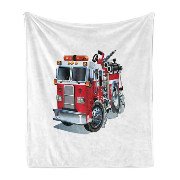Truck Soft Flannel Fleece Throw Blanket, Brigade Vehicle Emergency Aid for Public Flame Transportation Themed Lorry Art, Cozy Plush for Indoor and Outdoor Use, 60" x 80", Grey Red, by Ambesonne
