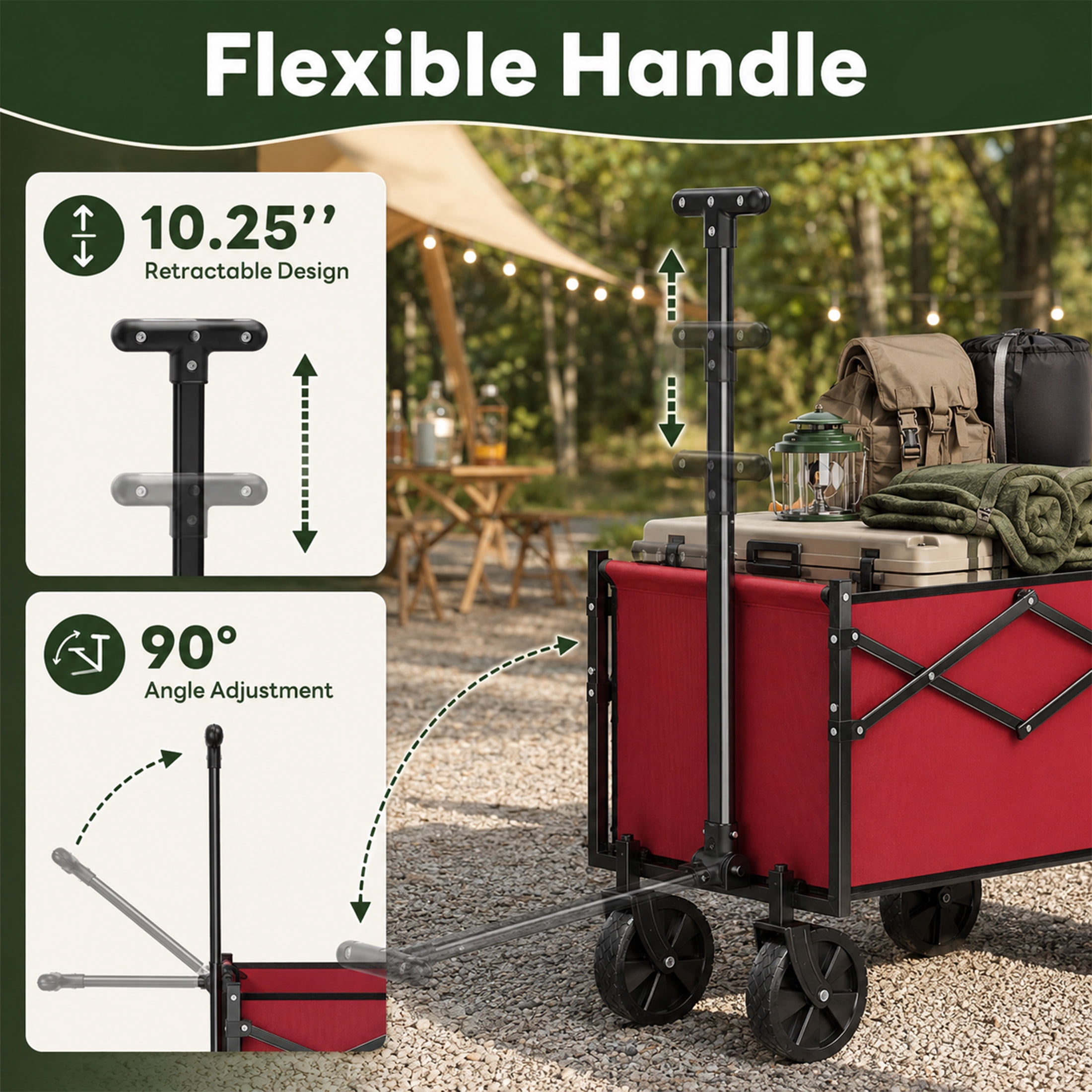 SHOUFTW Folding Wagon Cart, 220 lb Capacity Collapsible Utility Wagon with All-Terrain Wheels & Adjustable Handle, Red