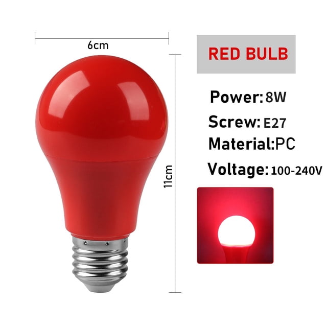 bombilla led de colores, base e27 b22, lámpara de 8w, ac220v, 110v, rojo, azul, verde, amarillo, rosa, luces de fiesta ktv para bar Bombilla LED roja con base E27 en vista frontal centrada, forma de globo (6 cm x 11 cm), difusor liso y casquillo roscado metálico visibles; panel lateral indica Power: 8W, Screw: E27, Material: PC, Voltage: 100-240V y muestra encendida en recuadro. Adecuada para iluminación de bar, KTV y decoraciones de fiesta; a menudo utilizada como reemplazo decorativo para lámparas halógenas.