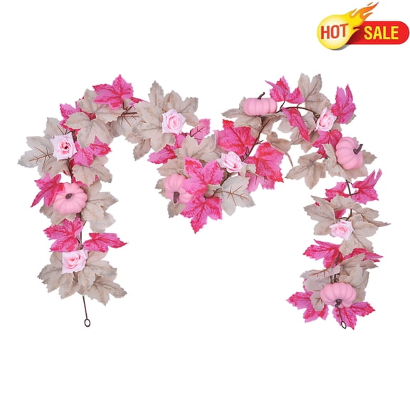 Qocolcyl Pink Pumpkins Fall Garland for Mantle, 5.57FT Maple Leaves Garland Thanksgiving Table Centerpiece, Autumn Decorations for Home Porch Fireplace Outdoor Halloween Decor (Multicolor)