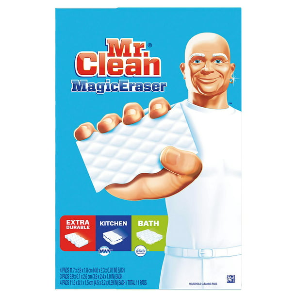 Bộ 11 miếng mút lau chùi đa năng Mr. Clean Magic Eraser loại đa dạng trên Walmart.com sẽ giúp bạn loại bỏ vết bẩn và chất bẩn cứng đầu một cách dễ dàng. Sản phẩm này có độ bền cao và được sử dụng cho nhiều mục đích khác nhau trong nhà bạn. Nhấn vào hình ảnh để tìm hiểu thêm về sản phẩm này.