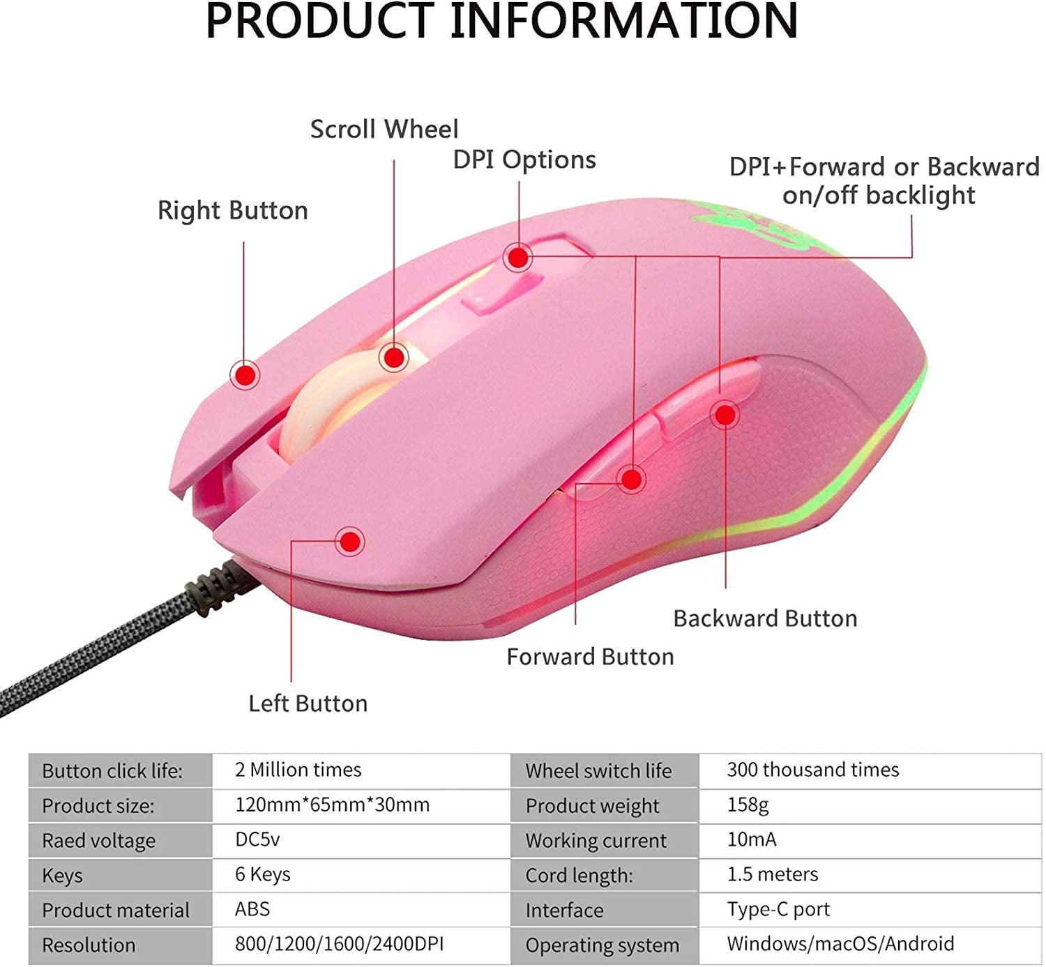 Type C Wired Mouse, Silent Computer Mouse, Optical Gaming Mouse, Ergonomic 7 LED Backlight, 2400 DPI 6 Buttons