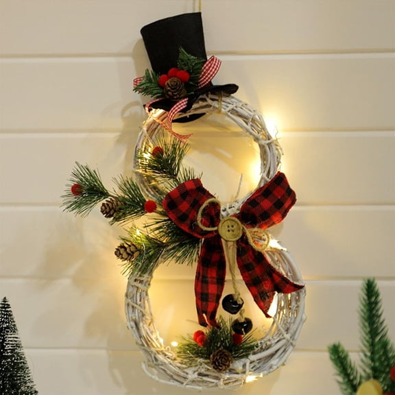 Feltree LED Snowman Christmas Wreath for Front Door with Battery-Powered Lights, Rattan Hanging Ornament for Indoor Outdoor Holiday Party Decor
