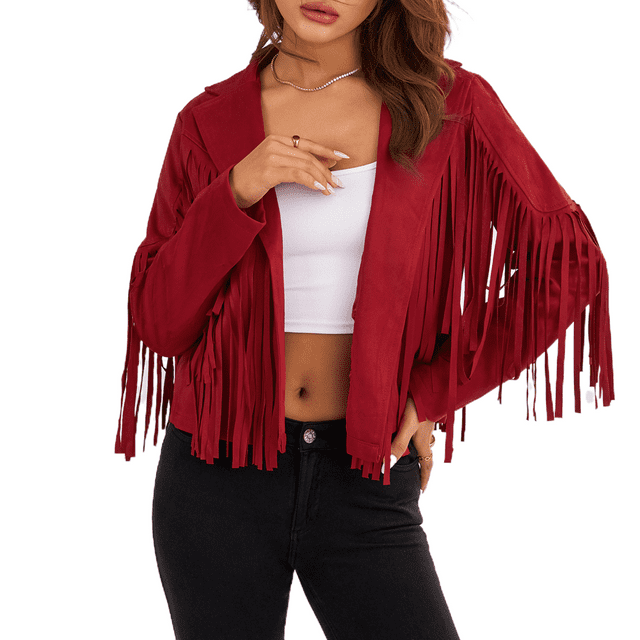 Veste Courte Ouverte à Franges en Faux Suède pour Femmes, Manteau Court de Moto avec Pompons