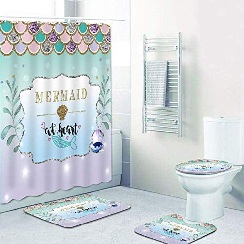 Mermaid Shower Curtain & Bathroom Rug Mat Contour Hooks Bathroom Set & Bath Mat 