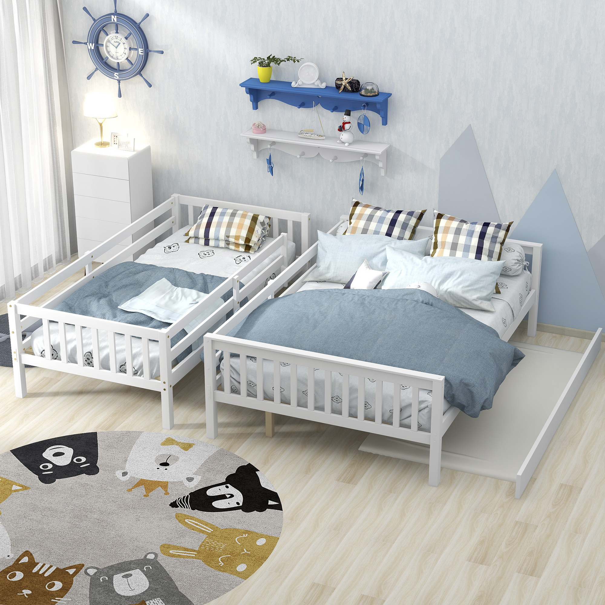 Kepooman Twin Over Full Bedroom Wooden Bunk Beds with Trundle & Safety Rail for Kids Teens, White Kepooman Twin Over Full Bedroom Wooden Bunk Beds with Trundle & Safety Rail for Kids Teens, White