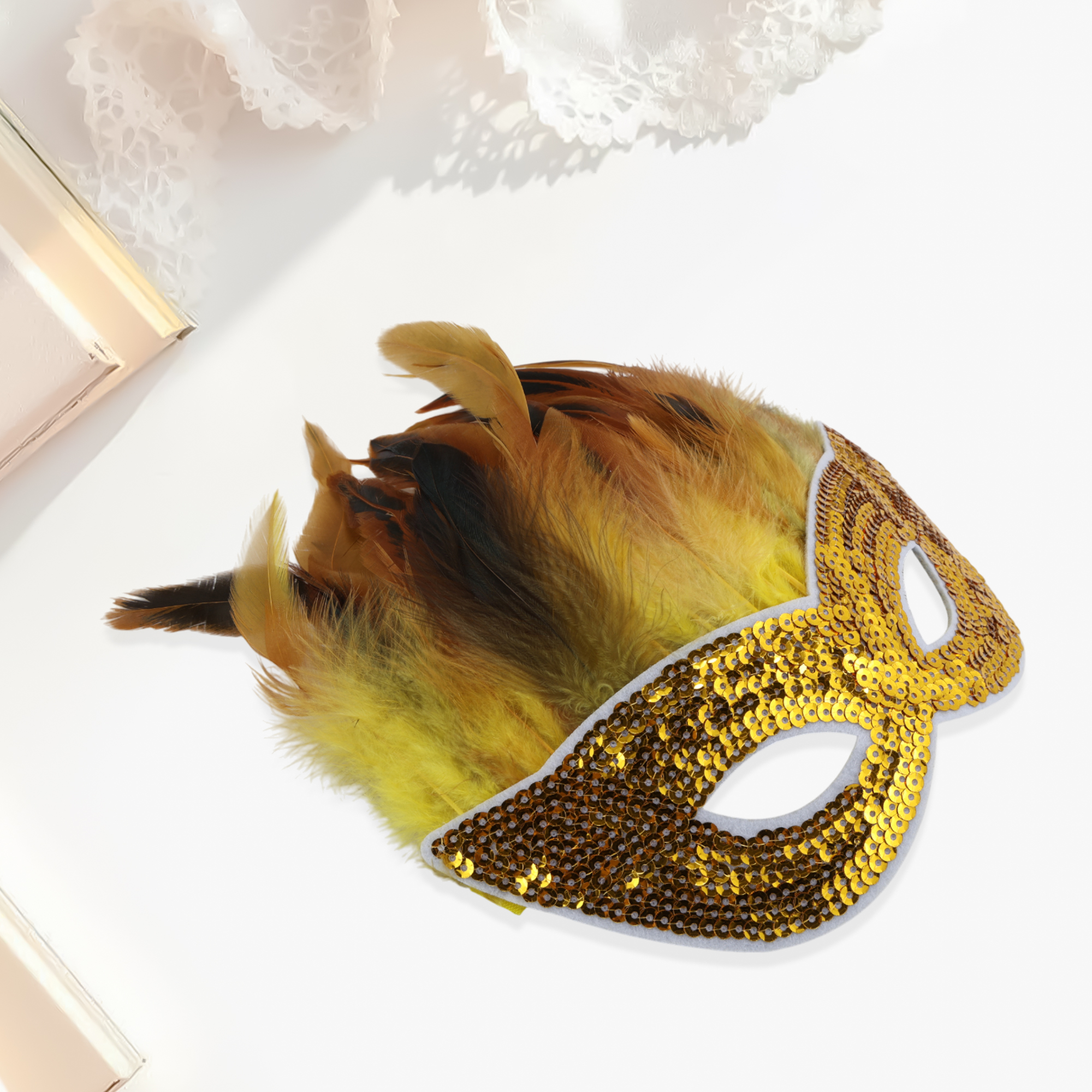 Unique Bargains 1 Pack Elegant Sequined Feathers Party Mask Gold Tone