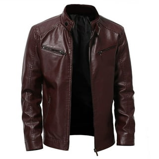 Qertyioot Men's Winter Fashion Leather Jacket Zipper Long Sleeve Casual  Outwear
